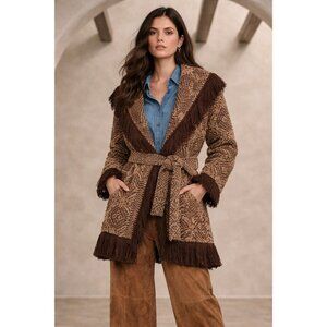 NWT Banana Republic Arella Jacquard Fringe Cardigan Sweater Brown Belted S Boho